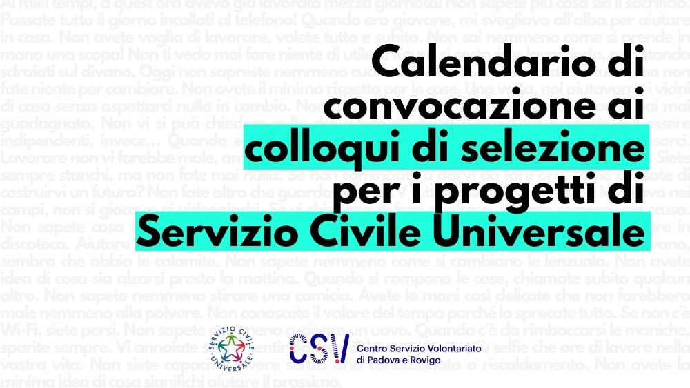 Pubblicato il calendario di convocazione ai colloqui di selezione per i progetti di Servizio Civile Universale presentati dal Centro Servizi Padova e Rovigo Solidali ODV